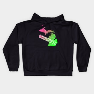 Colorful mandala art map of Michigan with text in pink and green Kids Hoodie